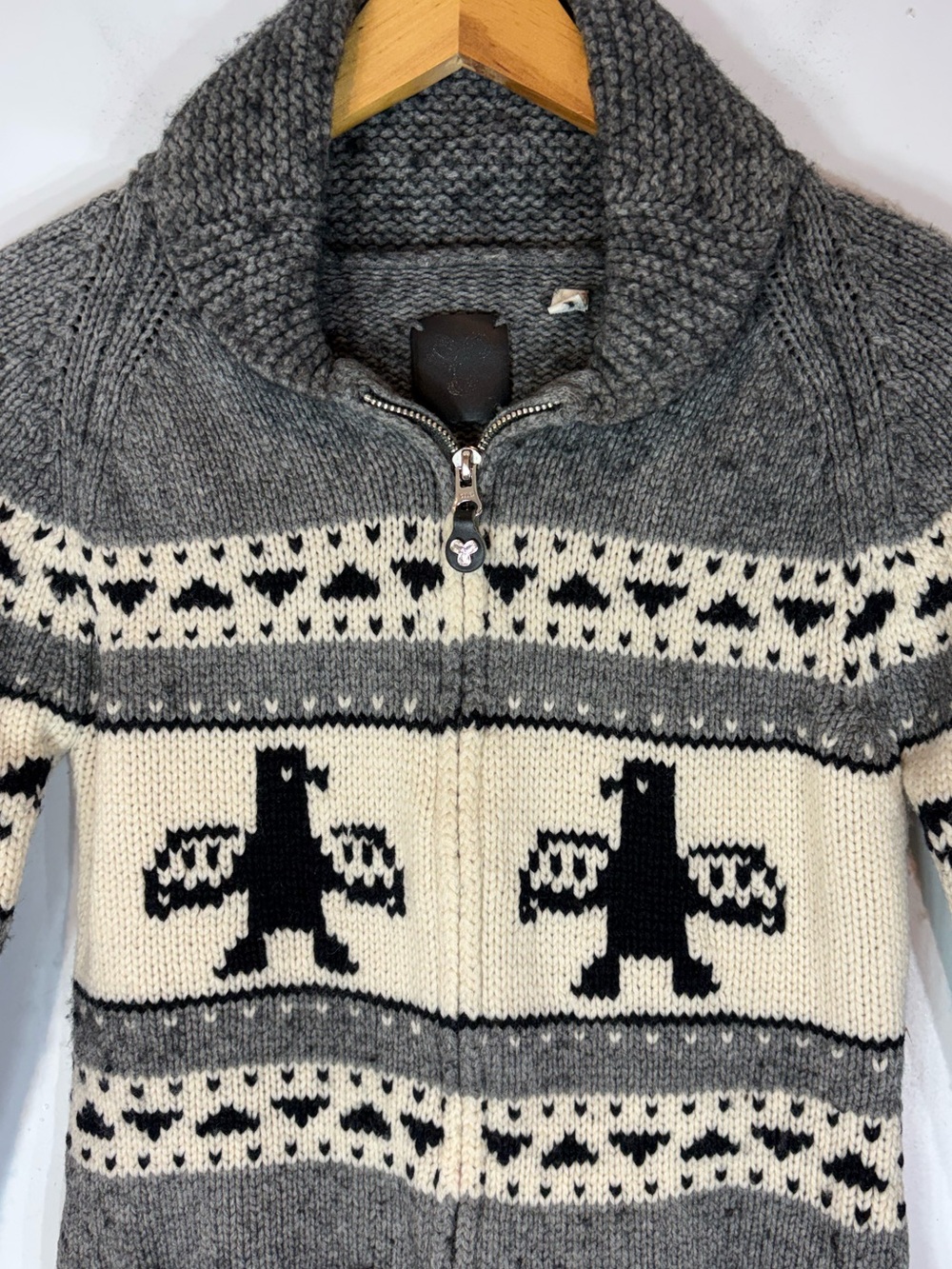 Aritzia TNA Lambswool Zip-Up Sweater Grey Bird Print Small - Picture 5 of 13